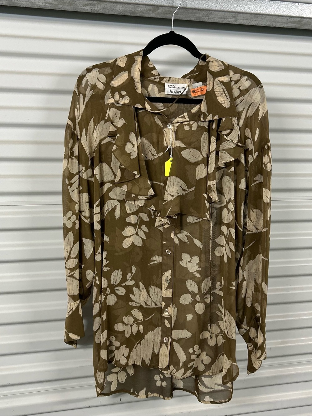 Dana Buchman Olive Green and Cream Floral Button-Down Blouse
